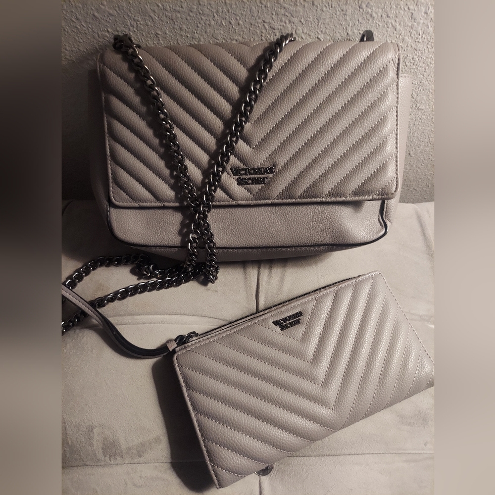 Victoria's Secret Quilted Crossbody Bag and Matching Wristlet in Light Gray